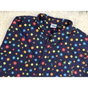 Vintage‎ M&M Mens XL Short Sleeve Button Down Graphic Front Pocket Blue Shirt